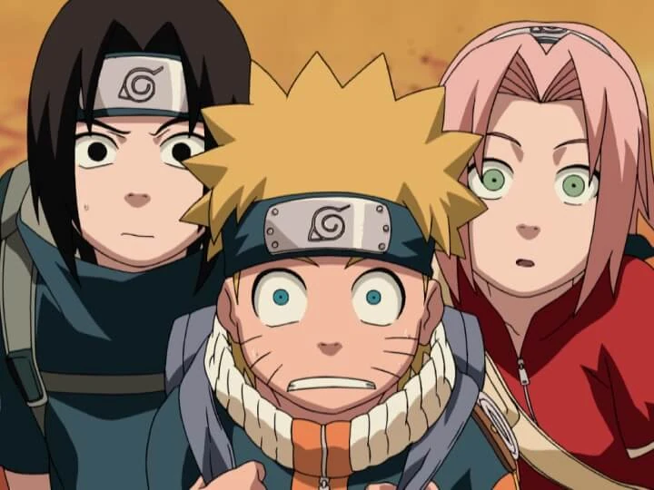 Naruto looks startled in front of Sasuke and Sakura, who peer past him.