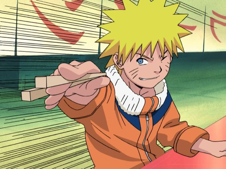 Naruto grins and holds out his chopsticks at a ramen counter.