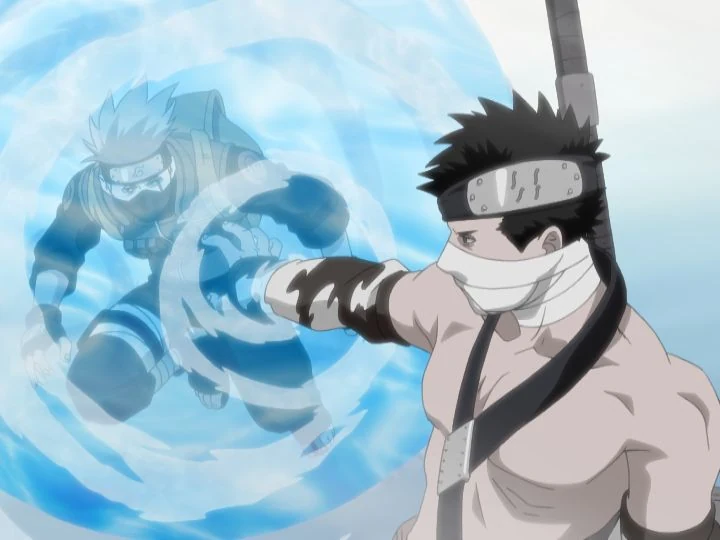 Zabuza holds one arm inside a sphere of water that confines Kakashi.