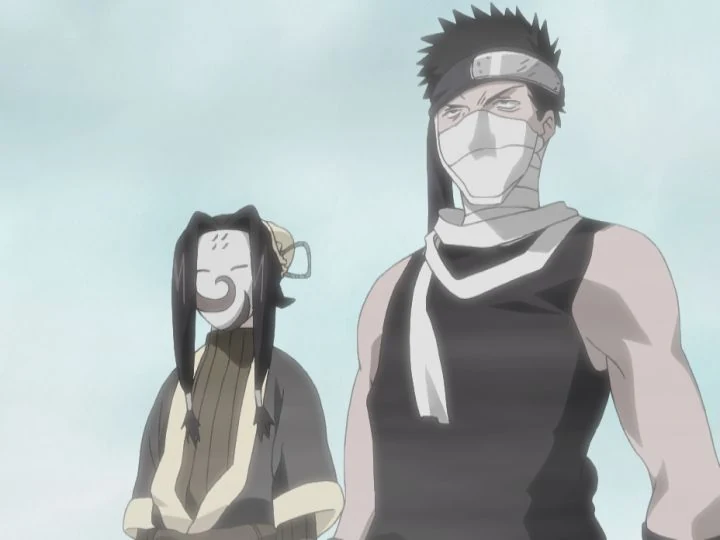 Haku, wearing a white mask, stands beside Zabuza in pale mist.