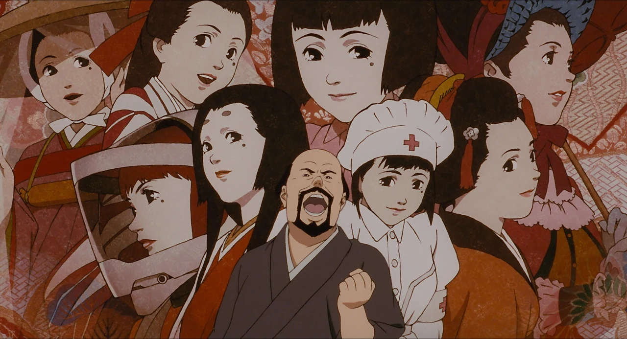 Genya appears amid a collage of Chiyoko in different screen costumes, including a nurse's uniform and an astronaut's helmet.