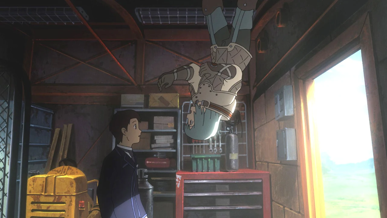 Age stands on the floor of a cluttered room while Patema faces him from the ceiling, beside an open doorway.