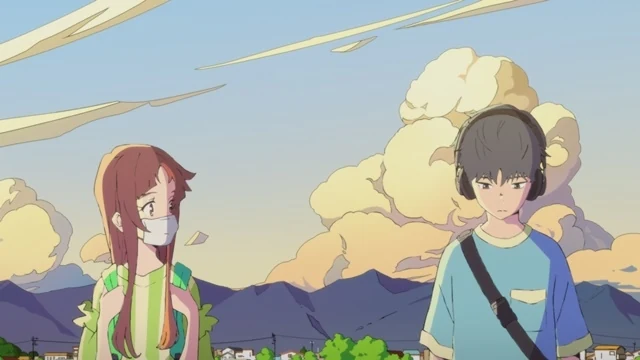 Smile, wearing a mask, looks towards Cherry in headphones against a sky of sharply outlined evening clouds.