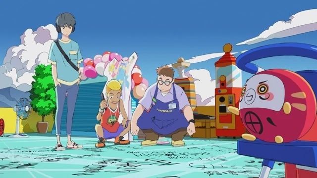 Cherry stands beside two friends on a turquoise plaza covered with writing, next to a red daruma-shaped display.