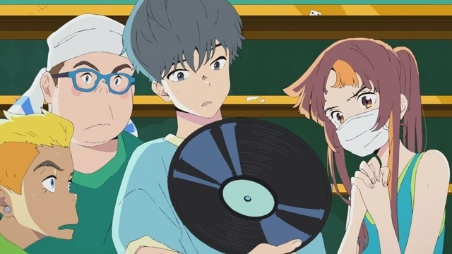 Cherry holds a black vinyl record while Smile and two friends gather around to look at it.