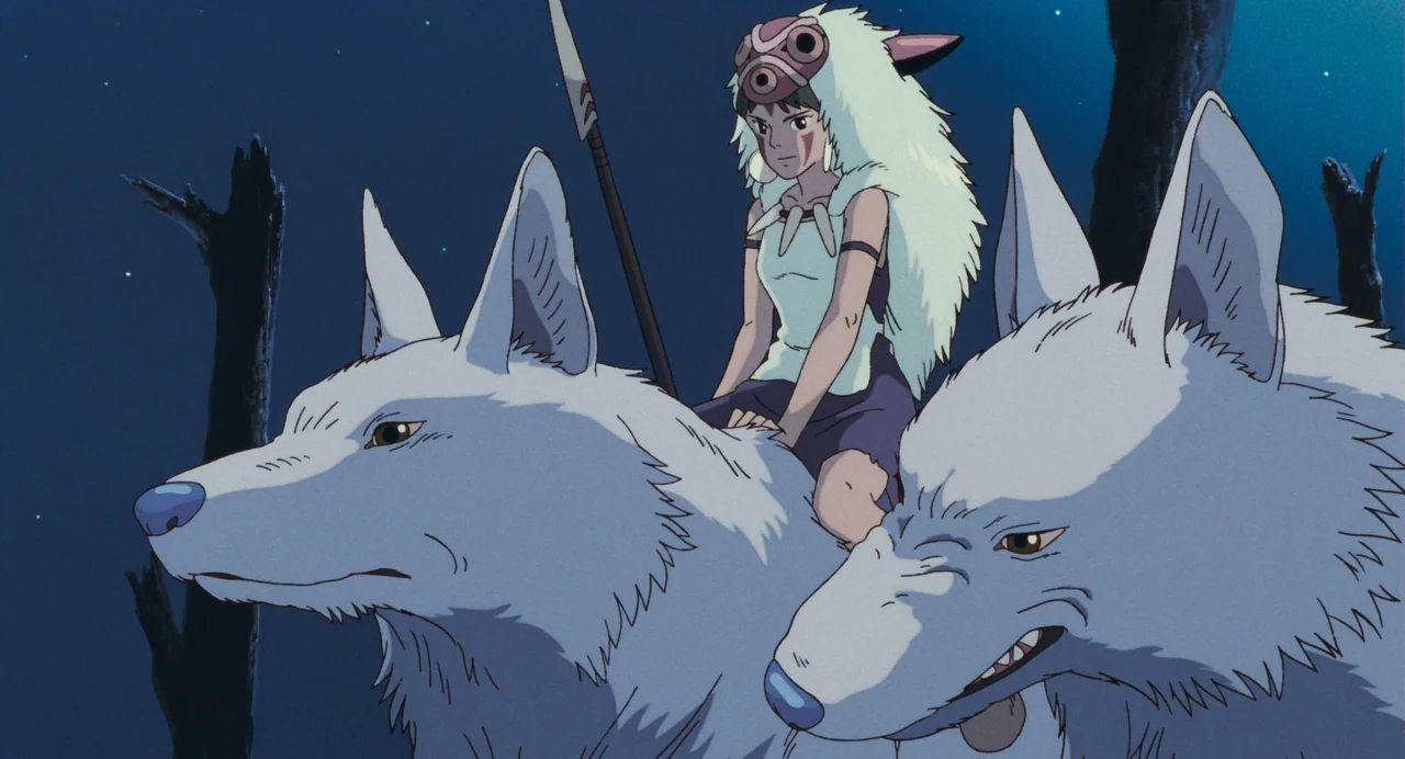 San sits between two enormous white wolves, holding a spear beneath a dark blue sky.