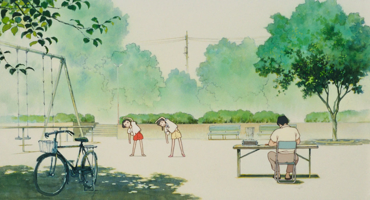 Two girls stretch in a pale green park, with swings and a bicycle to the left and a seated adult beside a radio to the right.