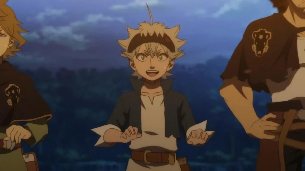 Asta smiles in a dark jacket and white shirt between Finral and Yami, who wear Black Bulls robes.