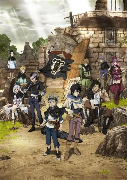 Asta and Yuno stand in front of the Black Bulls outside their stone headquarters.