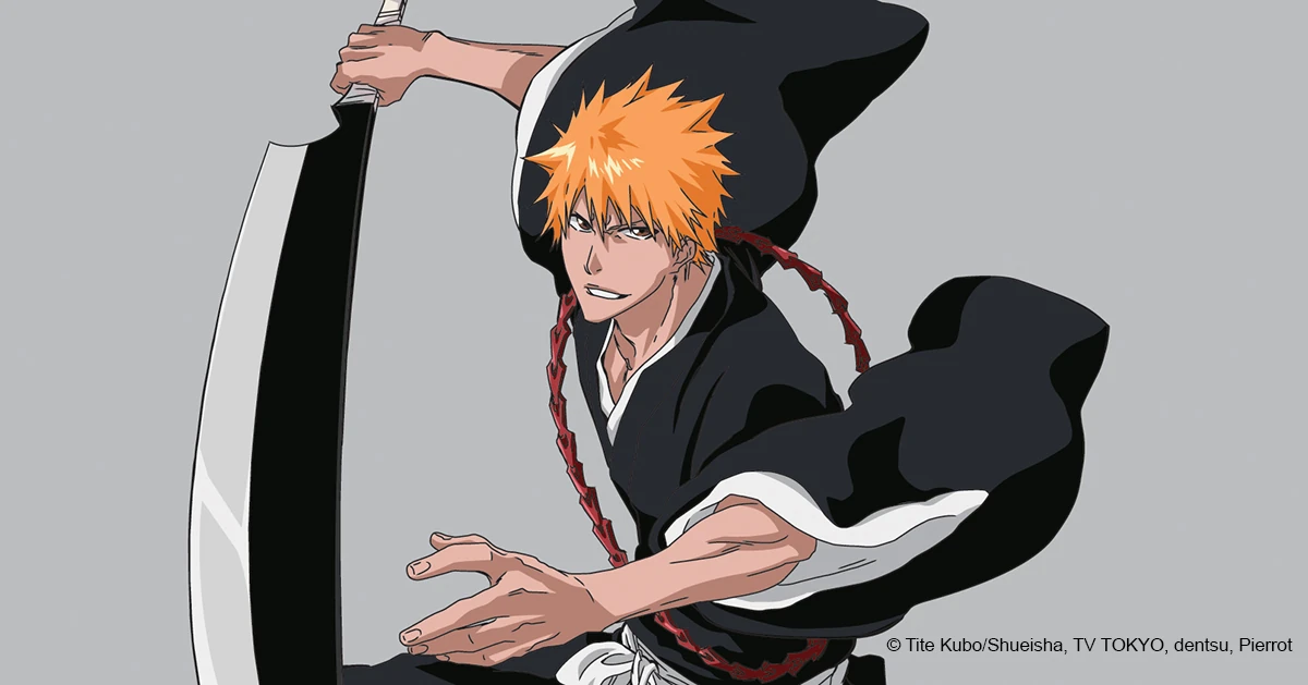 Ichigo Kurosaki in black Soul Reaper robes raises his large sword against a neutral grey background.