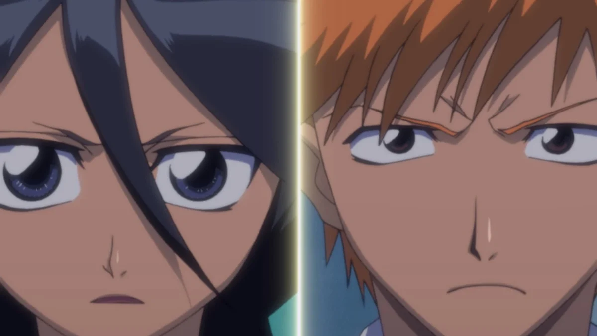 Rukia and Ichigo look ahead in a split-screen close-up, Rukia on the left and Ichigo on the right.
