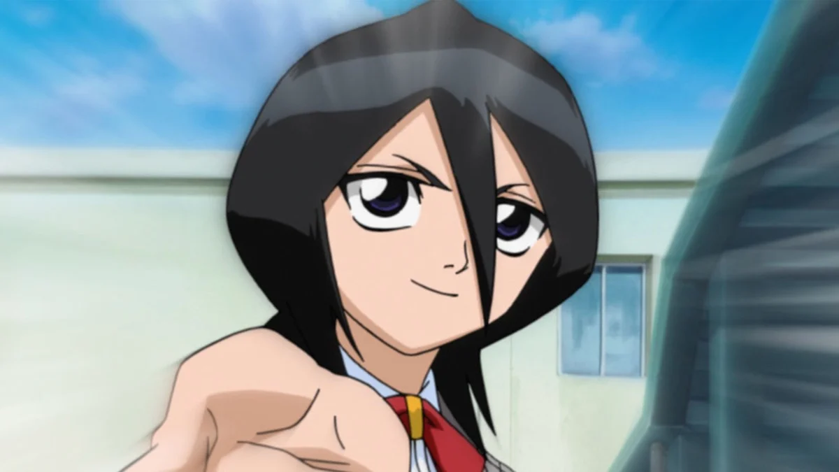 Rukia, wearing her school uniform, reaches a hand towards the viewer.