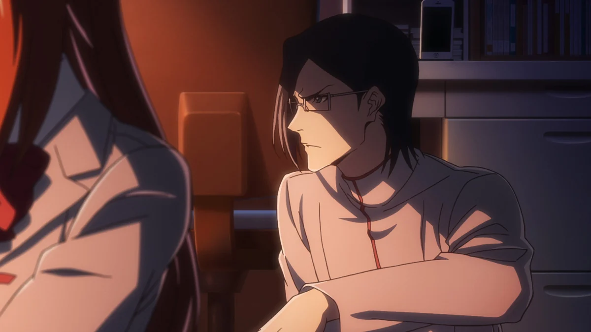 Uryū sits at a table in a white top, with Orihime partly visible beside him.