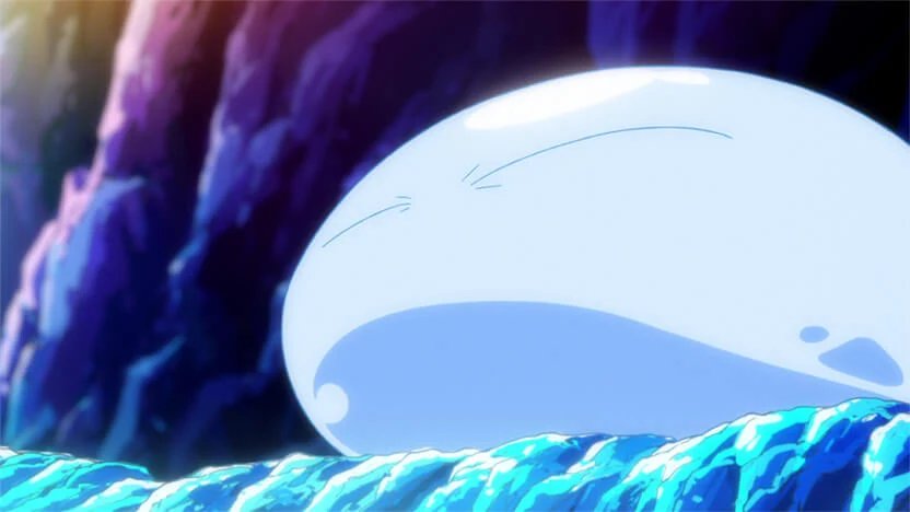 Rimuru in light-blue slime form on glowing blue crystals inside a cave.