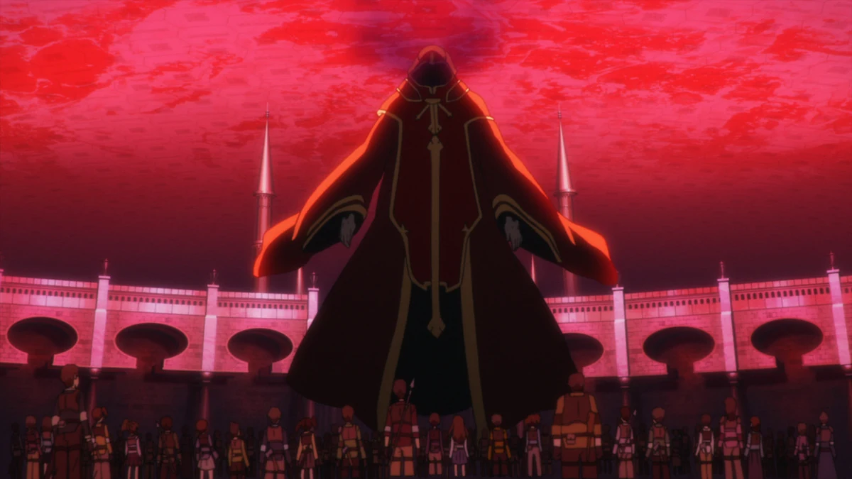 A huge red-robed figure floats above players gathered in a stone town square under a red sky.