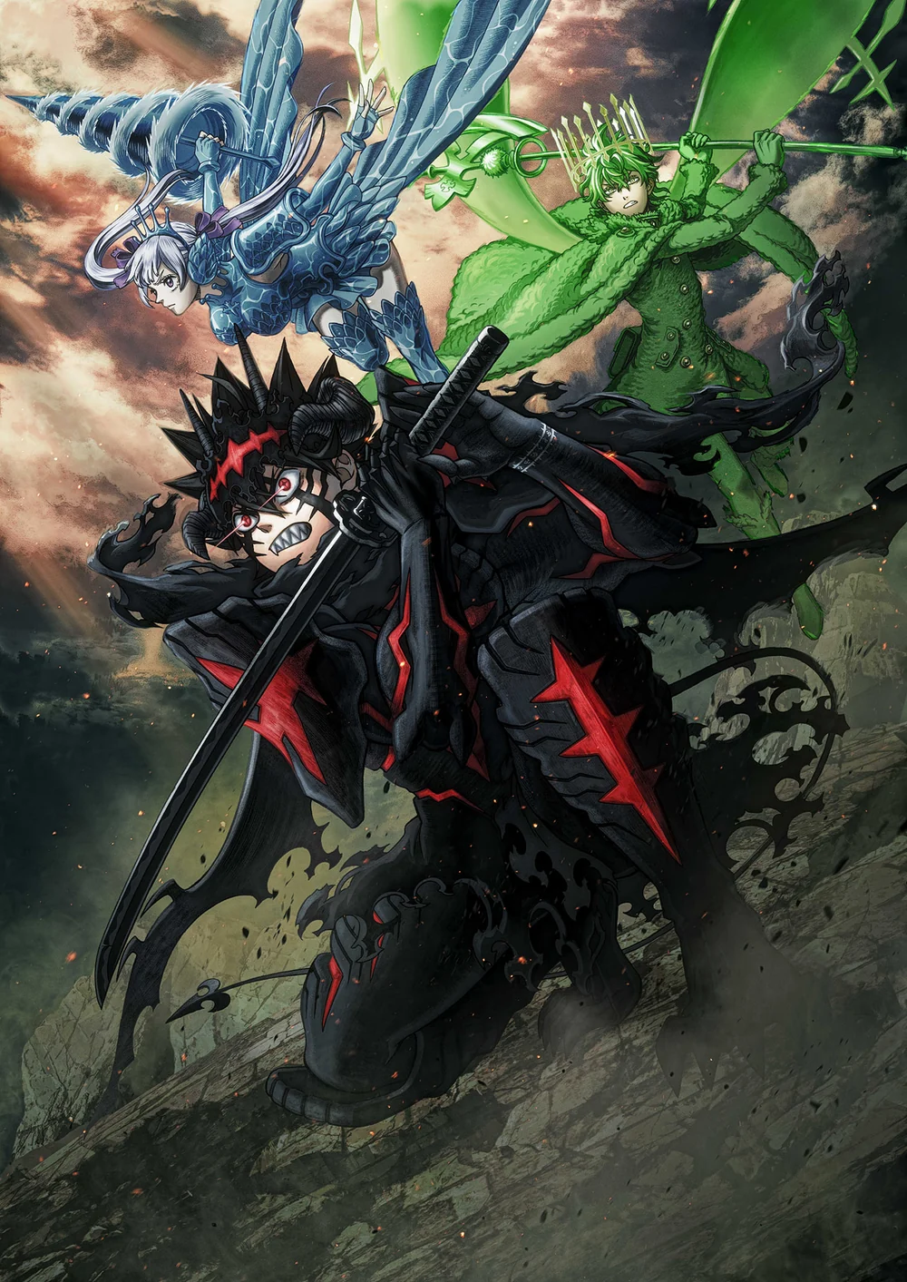 Asta in black-and-red armour, with Noelle and Yuno behind him in official Black Clover 2nd Season promotional artwork.