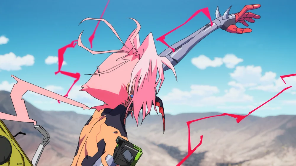 A pink-haired character with a raised cybernetic arm and red electrical trails in a promotional still released for Cyberpunk: Edgerunners 2.