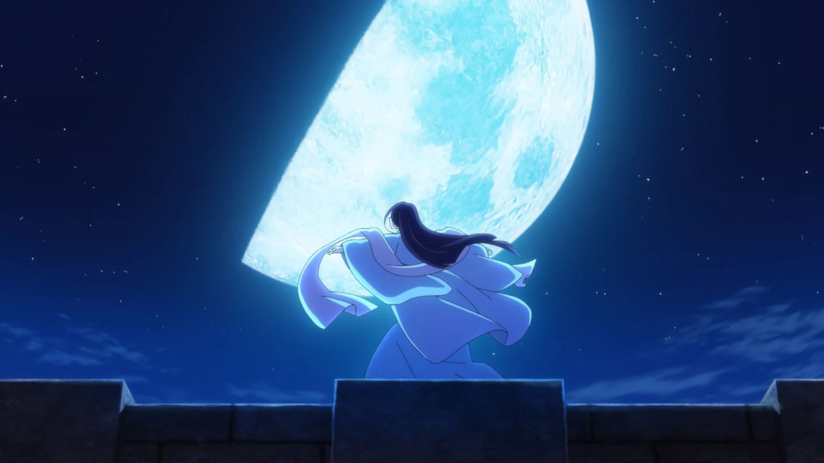 A woman in flowing white robes dances on a palace wall beneath a bright moon.