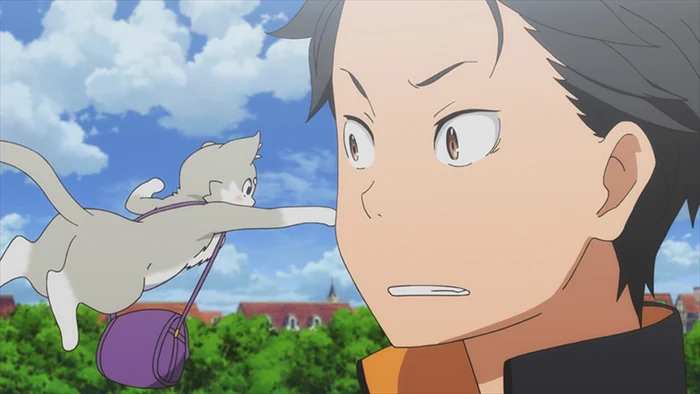 Subaru looks startled as a small grey cat-like creature floats towards his face under a blue sky.