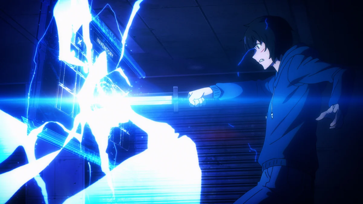 Jinwoo draws a weapon from a bright blue interface labelled Inventory.